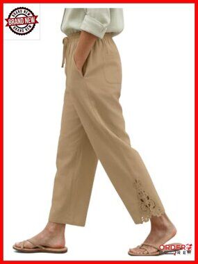 100% Cotton Lace Hem Drawstring Beach Trousers Cropped Palazzo Pants